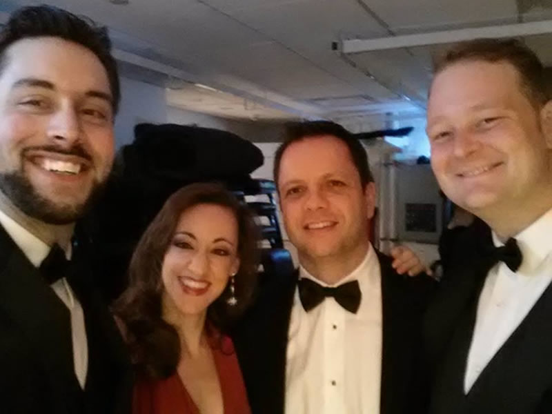 Left to right: baritone Jason Chandler Duika, mezzo-soprano Sishel Claverie, Fábio Bezuti and tenor Andrew Lunsford. Back stage before the performance at Stern Auditorium, Carnegie Hall, April 26, 2014.