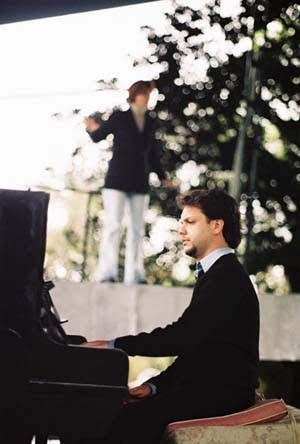 With soprano Solange Siqueirole, rehearsing "Haroun and the sea of stories", at the grounds of Bea and Peppe Steve, in Sao Paulo - Brazil. October, 2003.