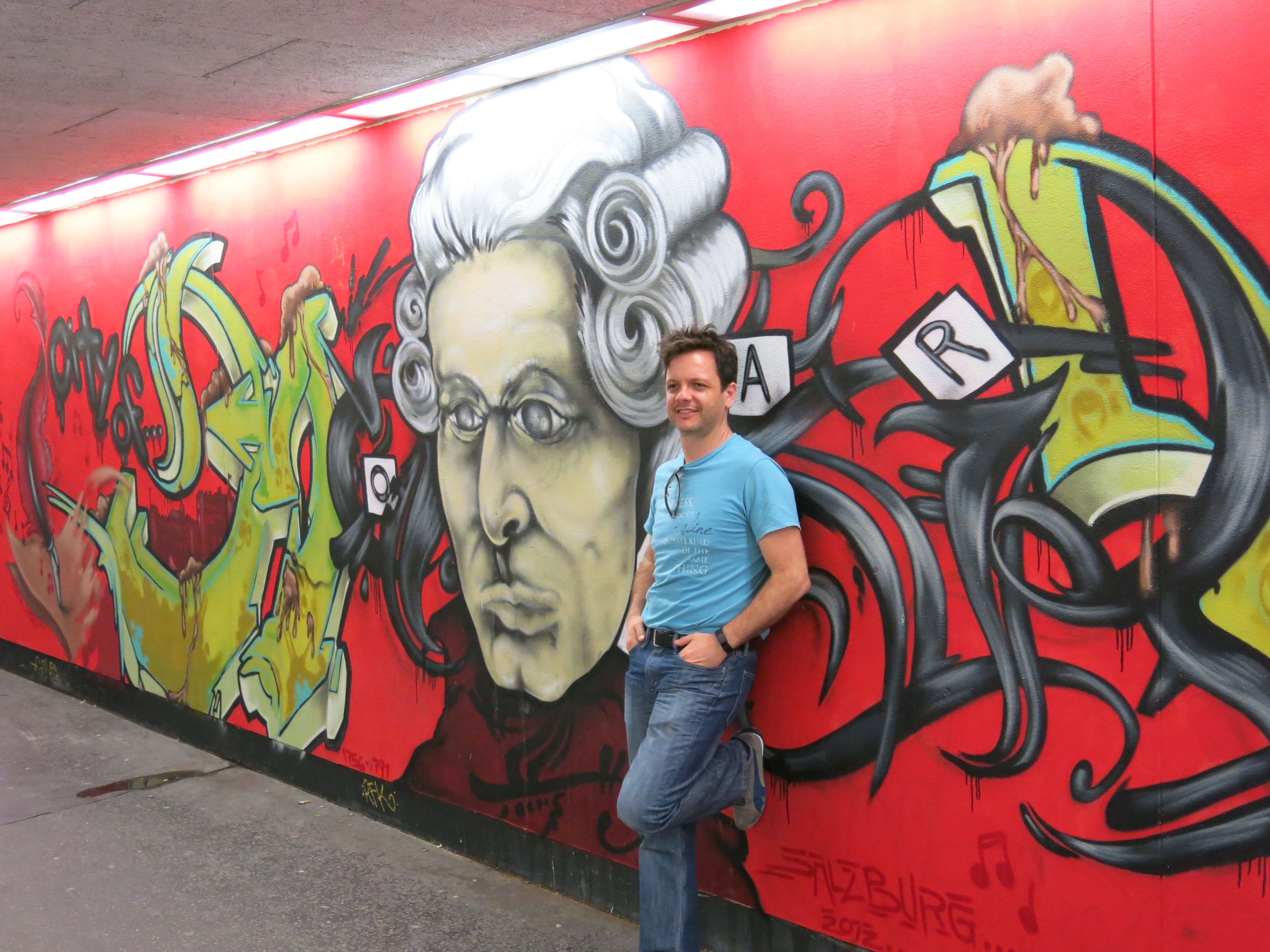 Graffiti with W. A Mozart, in underground passageway. Salzburg - Austria. May, 2015.