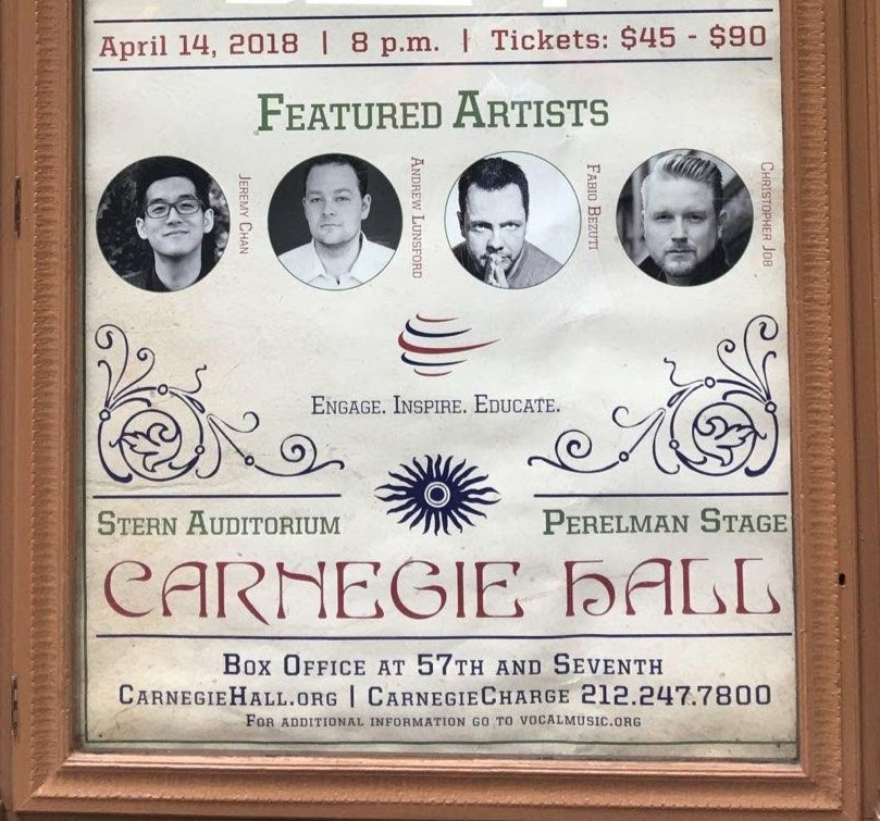 Recital Carnegie Hall, Isaac Stern Auditorium, April 14th, 2018. With Christopher Job, baritone and Andrew Lunsford, tenor. New York - USA.